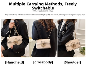 Three-way carry style of cream textured flap bag with iconic golden bee buckle and chain