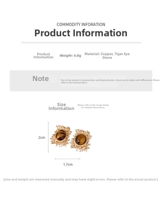 Detailed size view of vintage oval tiger eye earrings with textured copper frames