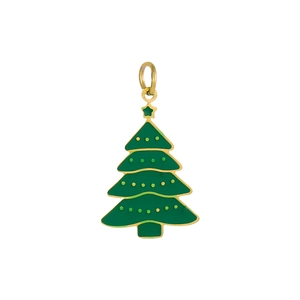 Christmas tree enamel pendant with golden star and green finish on white background