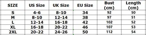 Size chart showing US, UK, and EU measurements for women's chain strap printed tank tops