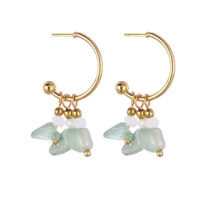 Stainless Steel C-Shaped Hoop Earrings With Natural Stone Crushed Beads And 14K Gold Earring Post Bohemian Style Women