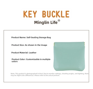 Detail view of mint green leather storage pouch showing automatic closure mechanism