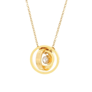 Gold stainless steel triple circle necklace with Love You engraving and zircon pendant
