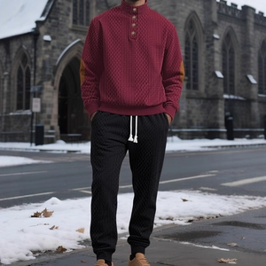 Men's casual winter set featuring burgundy turtleneck knit sweater and black joggers