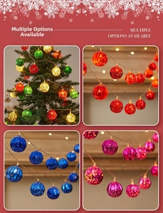 Detailed view of LED Christmas ball string lights with geometric textures in various colors