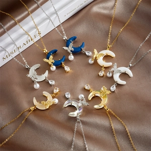 Moon Butterfly Pendant Necklace With Stainless Steel Chain Copper Alloy Faux Artificial Pearl Zircon Celestial Jewelry For Women