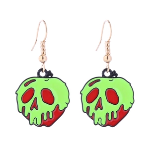 Poison apple drop earrings with skull motif and vibrant green drip design for Halloween