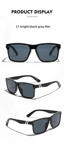 Detailed views of square oversized sunglasses with glossy black frame and silver accents