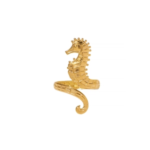 18K gold plated stainless steel seahorse open ring with detailed textured finish for women