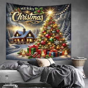 Christmas tapestry featuring a festive tree and log cabin over a gray bedroom wall