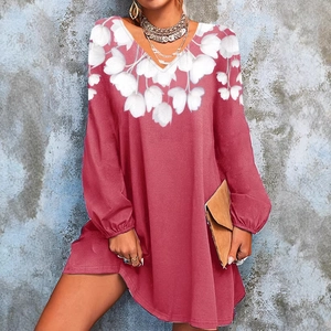 Elegant rose red V-neck long sleeve dress with white floral print on a female model