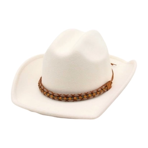White cowboy felt hat with brown beaded ethnic band on a clean white background