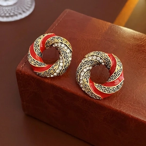 Vintage round red enamel earrings with gold Greek key pattern and sparkling crystals