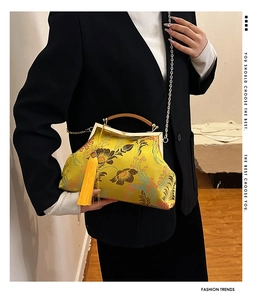 Detail of yellow embroidery bag with floral pattern, tassels, and a wooden handle