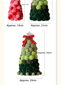 Three sizes of DIY pom-pom Christmas tree decorations in pink, red, and green colors