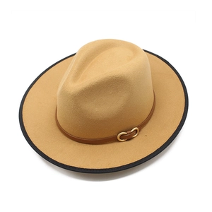 Camel wide brim wool fedora hat with black trim and leather band with gold buckle