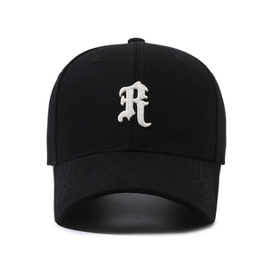 Classic black cotton baseball cap with white embroidered R letter and curved brim