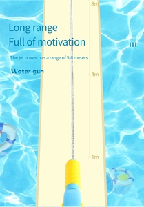 Detail of 5-8 meters long distance water jet spray from a colorful backpack water gun