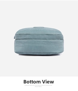Flat bottom view of this blue nylon crossbody bag showing clean stitching and structure
