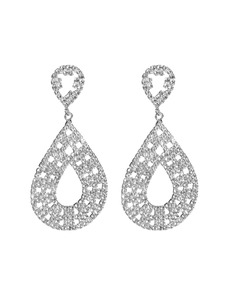 Close-up of sparkling silver waterdrop drop earrings with hollow rhinestone design