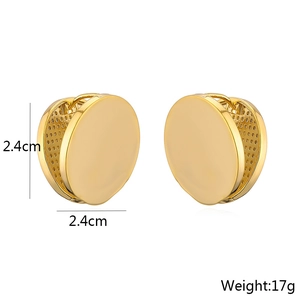 Detailed view of gold plated geometric smile earrings with 2.4cm size and 17g weight