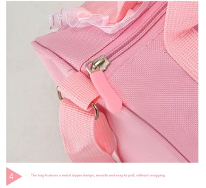 Detail of pink dance bag featuring a smooth metal zipper and silver sequin ruffle trim