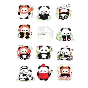 Cartoon panda acrylic brooches set featuring various cute poses and motivational text