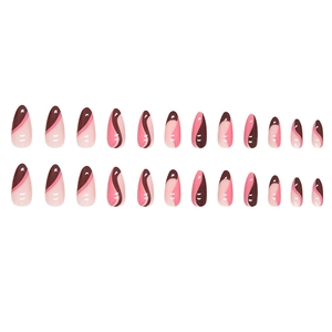 Chic almond press-on nails featuring irregular wavy patterns in rose red and deep brown