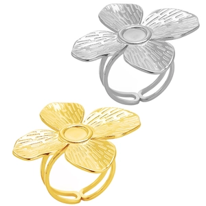 Bague Ouverte Florale en Acier Inoxydable pour Femme Fleur à Quatre Pétales Texturée Vintage Bague Réglable Bijoux Plaqué Or Argent Cadeau