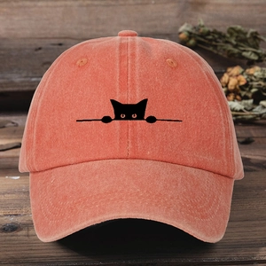 Vintage orange washed cotton mesh cap with cute black cat embroidery and adjustable rope