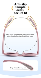 Detail of pink kids sunglasses with anti-slip silicone pads and size specifications