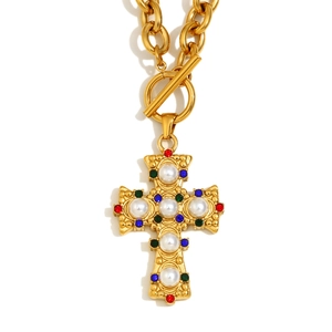 Baroque retro 18K gold plated stainless steel cross necklace with pearls and gems