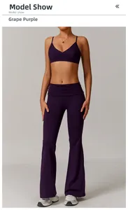 Detail view of grape purple yoga set featuring V-neck sports bra and flared yoga leggings