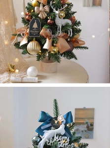 Vertical split view of blue and gold mini Christmas trees with festive LED decorations