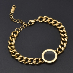 Gold chunky stainless steel chain bracelet with a black Roman numeral disk pendant