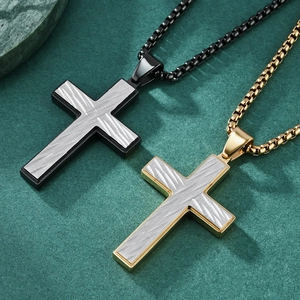 Mens cross pendant necklace with creative engraved texture in black and gold plating