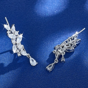 S925 silver leaf ear cuff earrings with sparkling marquise and teardrop zircons