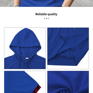 Macro detail of blue waffle knit fabric and hooded neckline for men's summer t-shirt