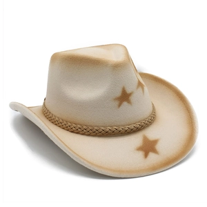 Detail eines Western-Cowboyhuts aus Filz mit Sternmustern und geflochtenem Band