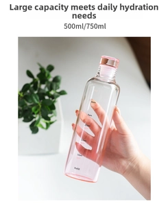 Close-up of clear glass water bottle with printed time markers and volume measurement