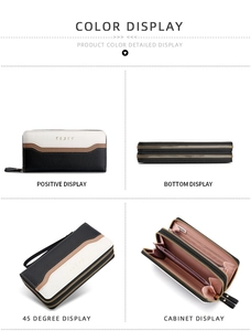 Detailed view of women's long double-zipper wallet featuring color-block design and many slots