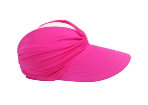 Detail of rose red sun visor hat featuring elastic headband and wide brim for sun protection