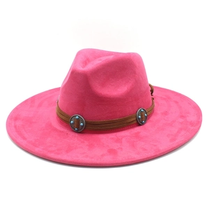 Pink faux suede fedora with brown leather band and turquoise stone metal accents