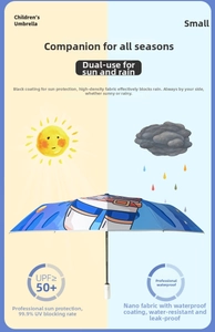 Blue kids umbrella with astronaut print showing UPF 50+ sun protection and waterproof fabric