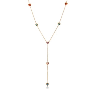 Macro shot of 16K gold stainless steel Y-necklace featuring colorful heart gemstone pendants