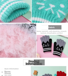 Detailed close-up of knitted cat pattern and thick thermal fleece lining on children gloves