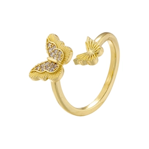 18K gold plated butterfly open ring with micro-set zircon stones for women