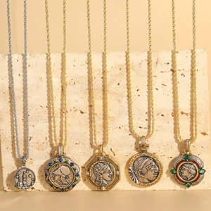 Vintage Coin Portrait Relief Pendant Necklace Copper Zircon Enamel Bohemian Ethnic Retro Jewelry For Women
