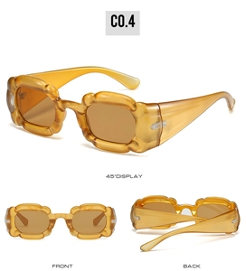 Vues détaillées de lunettes Y2K ambre avec monture ondulée sous angles avant, arrière et de côté