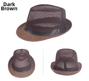 Detail view of dark coffee breathable mesh fedora with straw texture brim and leather band